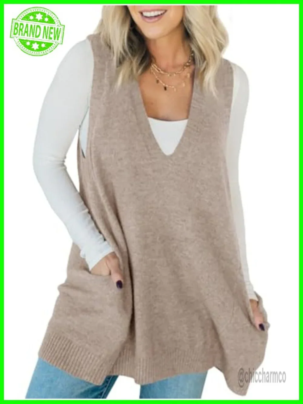 Sleeveless Sweater Vest Long Tunic Dress with Pockets